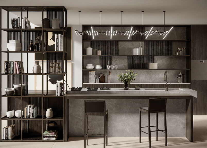Grau-braune urbane Küche mit Arbeitsplatte und Verkleidung aus Keramik pureto Marmo Grey